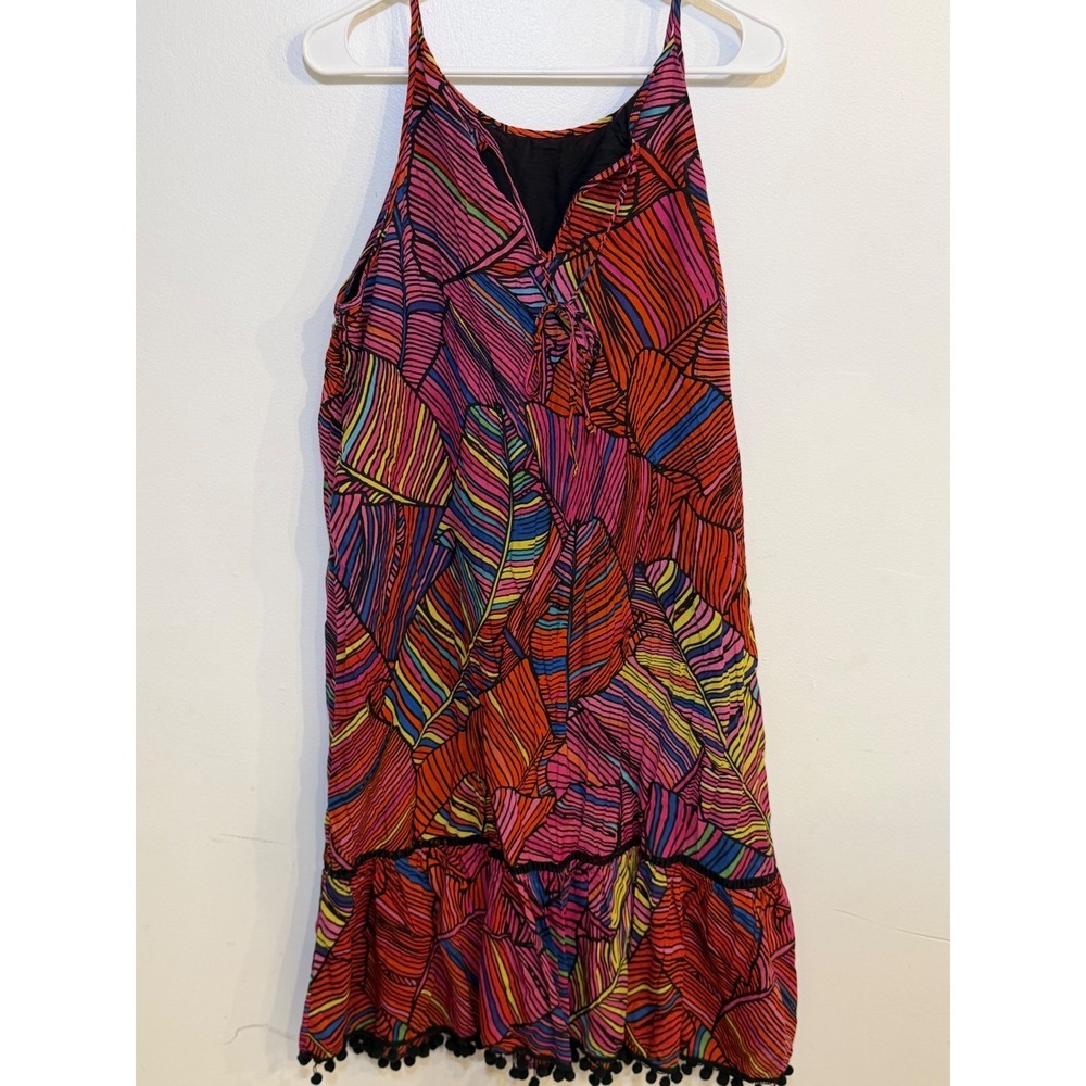 For The Republic Womens Large Tropical Leaf Pom Pom Trim Boho Dress Multi - Picture 2 of 6